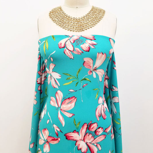 DP-119-C-586-TURQUOISE-PEACH - PRINTED CREPE CHIFFON 97% POLY 3% SPANDEX