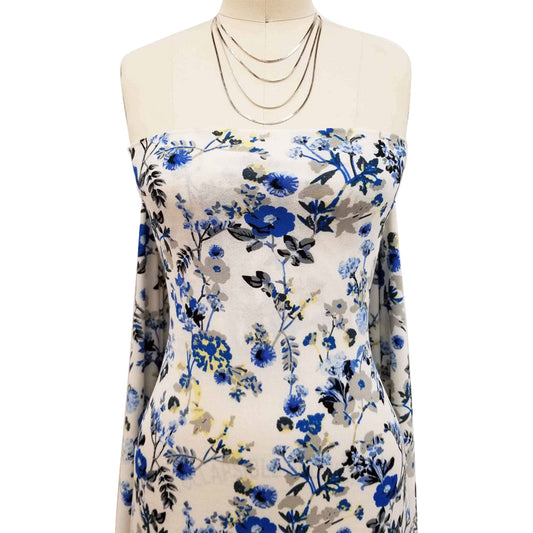 DP-92-703-OFFWHITE-BLUE - PRINTED TWIST CREPE 92% POLY 8% SPANDEX