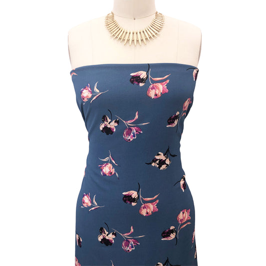 P-10006-586-DENIM-STEEL-PEACH - PRINTED CREPE CHIFFON 97% POLY 3% SPANDEX