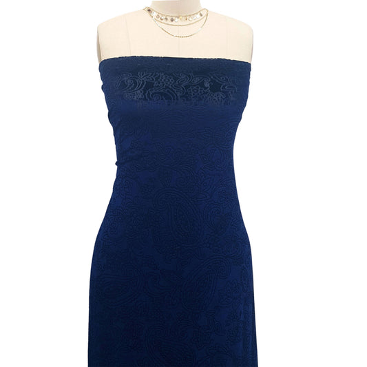 P-10089-VELVET-NAVY - PRINTED BURNT-OUT VELVET 68% POLY 24% NYLN 8% SPANDEX