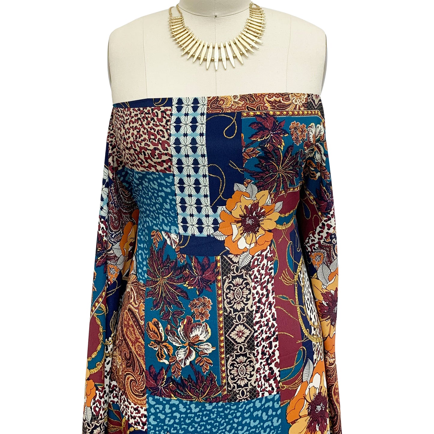 P-1022-754-INDIGO-TEAL-BURNT-ORANGE - PRINTED POLY MOROCCAN 100% POLY