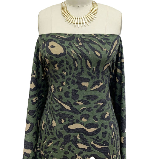 P-1073-506-ARMY-GREEN-TAUPE - PRINTED FRENCH TERRY 63%POLY 33%RAYON 4% SPANDEX