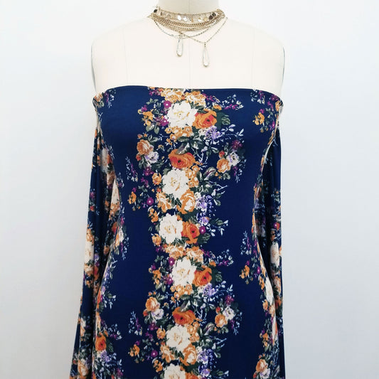 P-109-703-NAVY-MUSTARD - PRINTED TWIST CREPE 92% POLY 8% SPANDEX