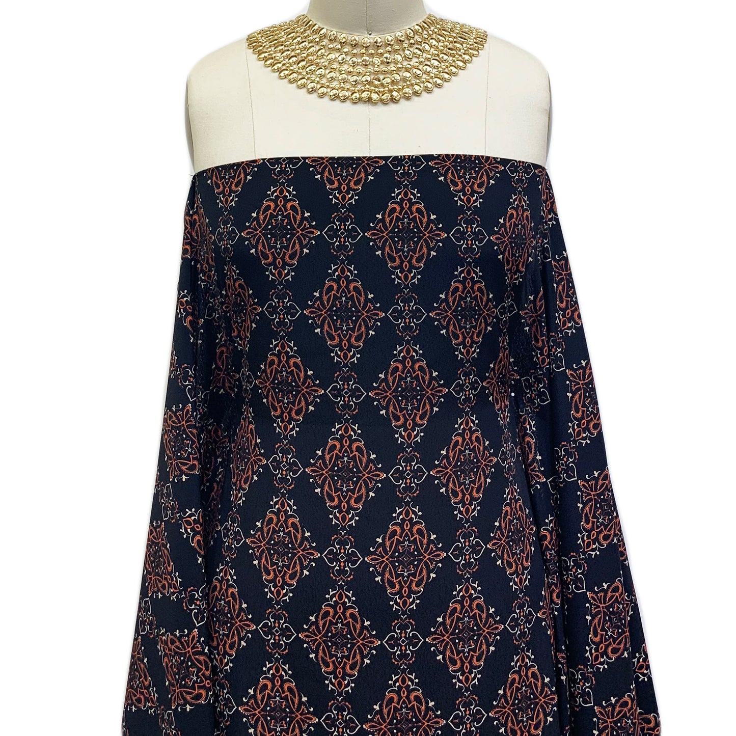 P-1241-754-BLACK-ORANGE-RUST - PRINTED POLY MOROCCAN 100% POLY
