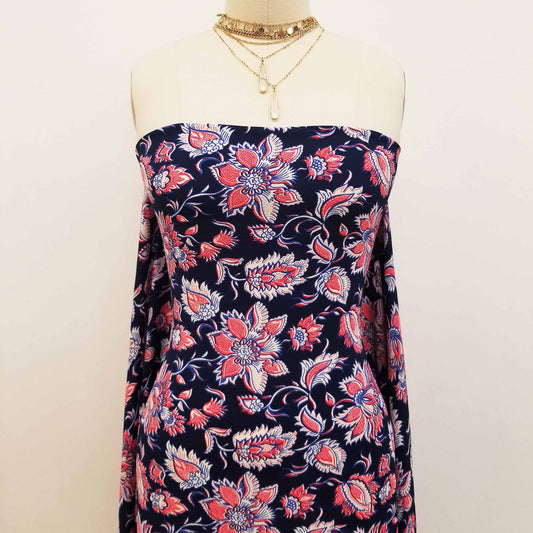 P-143-586-NAVY-CORAL - PRINTED CREPE CHIFFON 97% POLY 3% SPANDEX