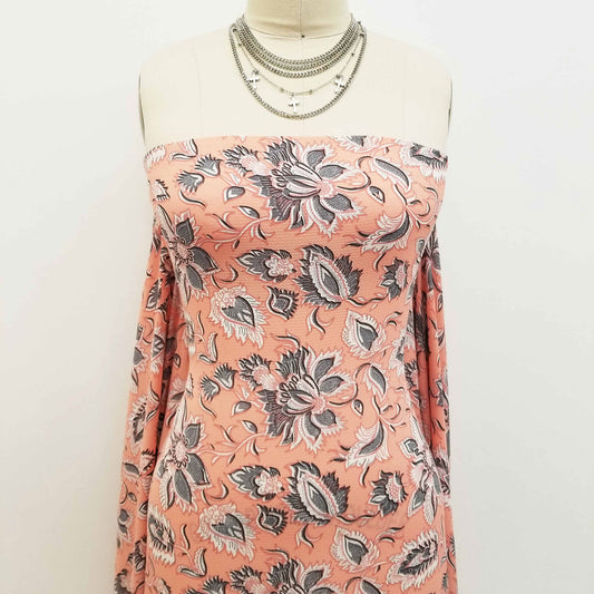 P-143-586-PEACH-GREY - PRINTED CREPE CHIFFON 97% POLY 3% SPANDEX