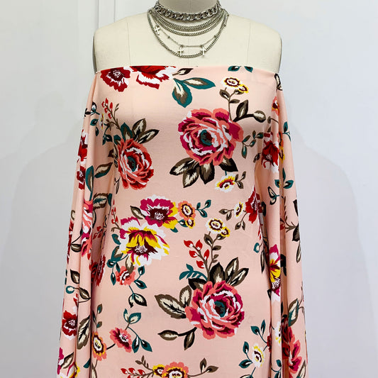 P-1435-702-PEACH-CORAL-YELLOW - PRINTED SCUBA CREPE 97% POLY 3% SPANDEX