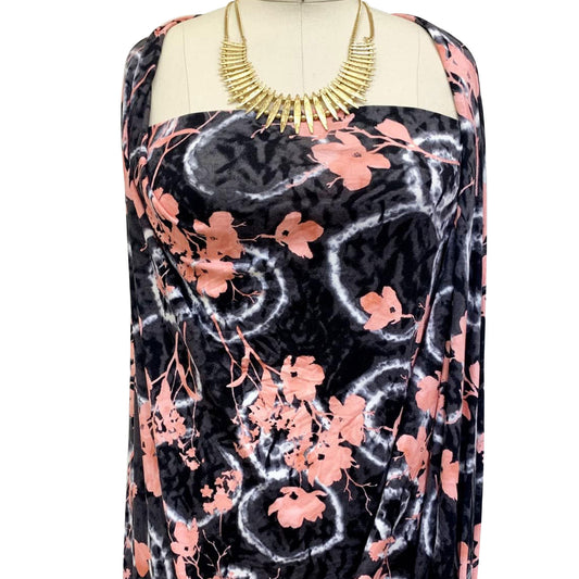 P-1479-HVY-RSJ-BLACK-CORAL - PRINTED TIE DYE RSJ 95% RAYON 5% SPANDEX JERSEY