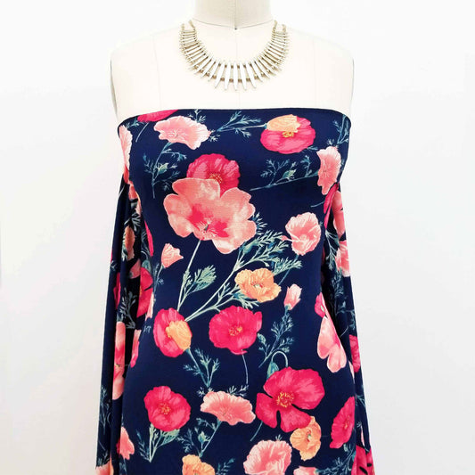 P-150-586-NAVY-CORAL - PRINTED CREPE CHIFFON 97% POLY 3% SPANDEX