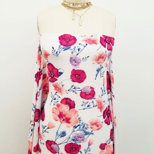 P-150-586-OFFWHITE-FUCHSIA-ROSE - PRINTED CREPE CHIFFON 97% POLY 3% SPANDEX