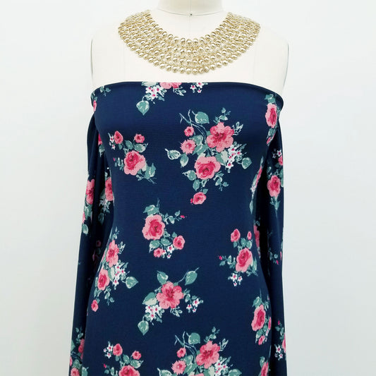 P-163-586-NAVY-CORAL - PRINTED CREPE CHIFFON 97% POLY 3% SPANDEX