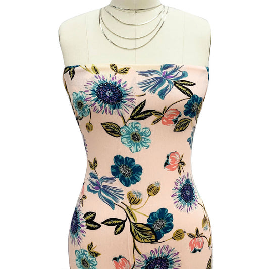 P-1790-636-BISQUE-TURQUOISE PRINTED CREPON 100% RAYON CREPON