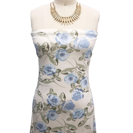 P-2130-TRI-BLN-ECRU-BLUE - PRINTED TRI-BLEND 50% POLY 38% COTTON 12% RAYON