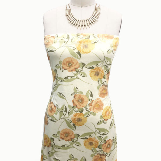 P-2130-TRI-BLN-IVORY-CANTALOUPE - PRINTED TRI-BLEND 50% POLY 38% COTTON 12% RAYON