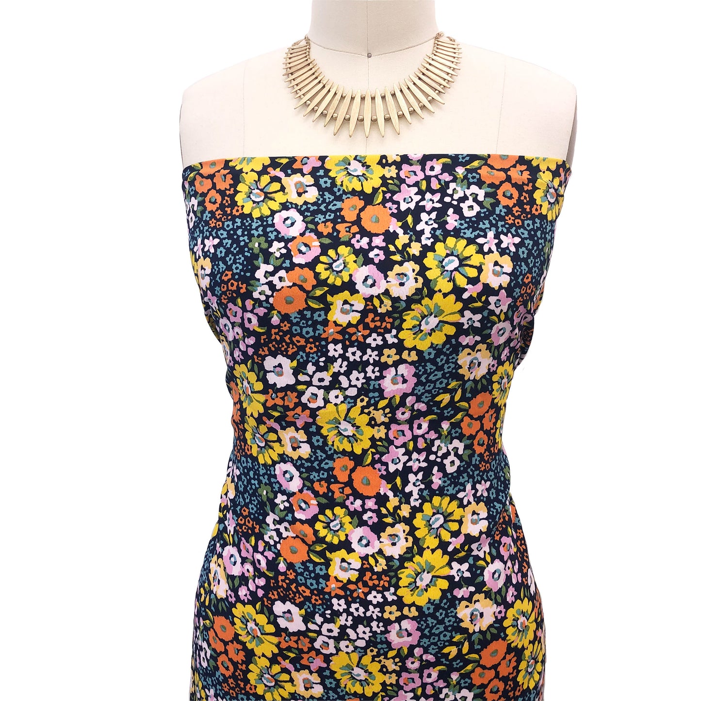 P-2401-754-NAVY-ORANGE-YELLOW - PRINTED POLY MOROCCAN 100% POLY