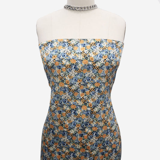 P-2435-456-MANGO-BLUE - PRINTED STRETCH SATIN 100% POLY