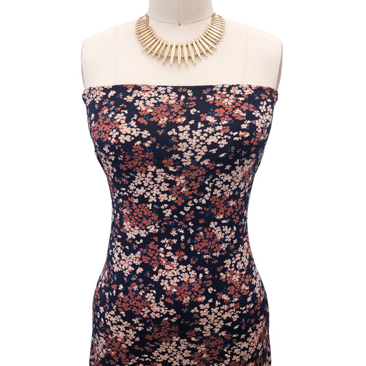 P-2866-800-NAVY-BURNT-ORANGE - PRINTED VENEZIA 92% POLY 8% SPANDEX