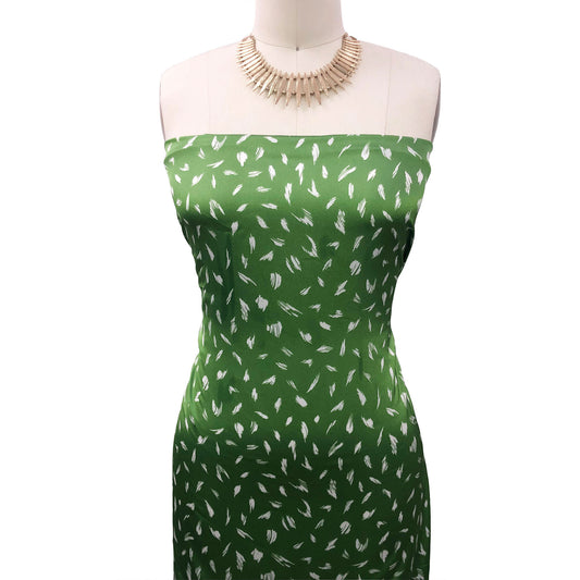 P-2908-456-GREEN-OFF-WHITE - PRINTED STRETCH SATIN 100% POLY