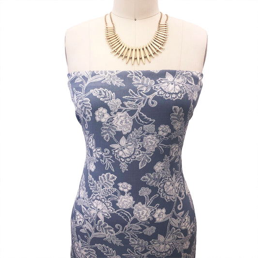 P-2925-636-ANTIQUE-BLUE-OFF-WHITE PRINTED CREPON 100% RAYON CREPON