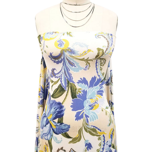 P-294-703-TAN-BLUE - PRINTED TWIST CREPE 92% POLY 8% SPANDEX
