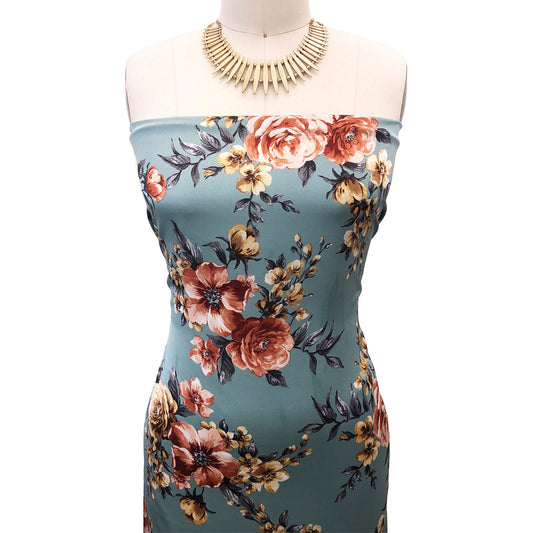 P-3081-456-MINERAL-GREEN-CINNAMON - PRINTED STRETCH SATIN 100% POLY