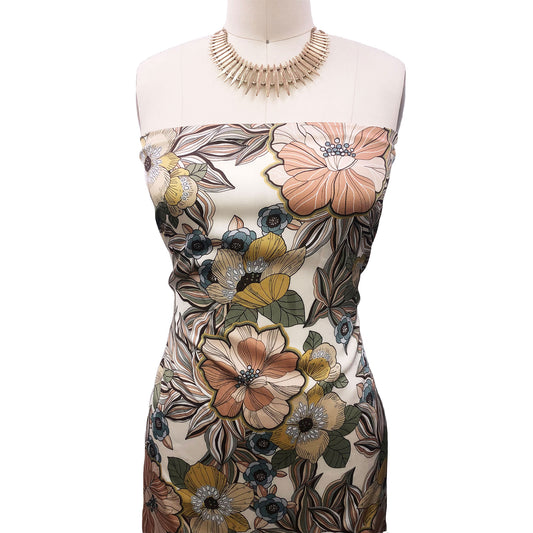 P-3175-456-ECRU-DUSTY-APRICOT - PRINTED STRETCH SATIN 100% POLY