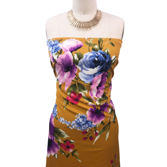 P-3276-702-MUSTARD-PURPLE - PRINTED SCUBA CREPE 97% POLY 3% SPANDEX