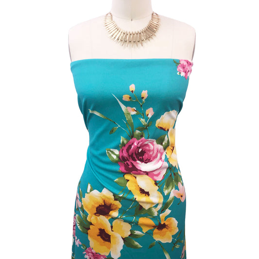 P-3276-702-TURQUOISE-YELLOW - PRINTED SCUBA CREPE 97% POLY 3% SPANDEX