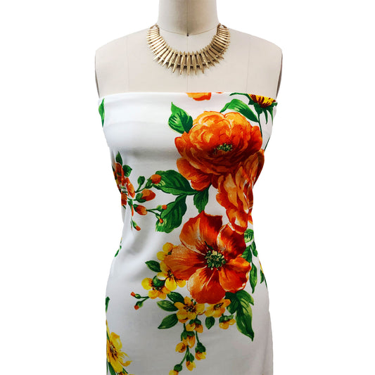 P-3321-702-OFF-WHITE-MARIGOLD - PRINTED SCUBA CREPE 97% POLY 3% SPANDEX