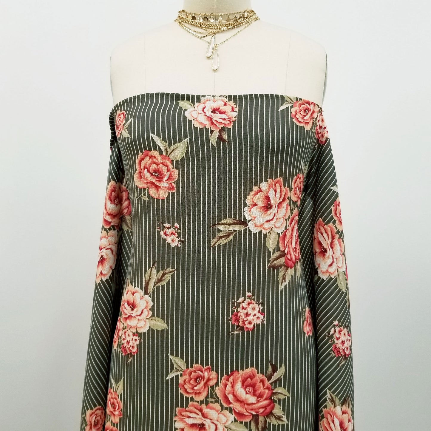 P-339-586-ARMY-GREEN-CORAL - PRINTED CREPE CHIFFON 97% POLY 3% SPANDEX