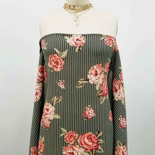 P-339-586-ARMY-GREEN-CORAL - PRINTED CREPE CHIFFON 97% POLY 3% SPANDEX