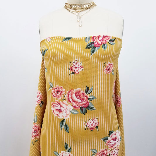 P-339-586-MUSTARD-CORAL - PRINTED CREPE CHIFFON 97% POLY 3% SPANDEX