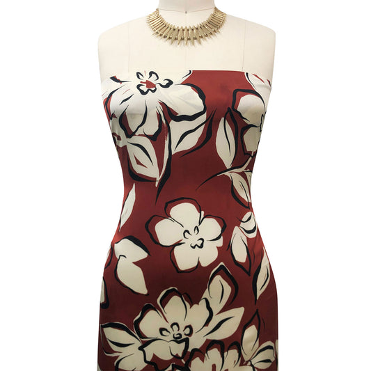 P-3391-456-RUST-CREAM - PRINTED STRETCH SATIN 100% POLY
