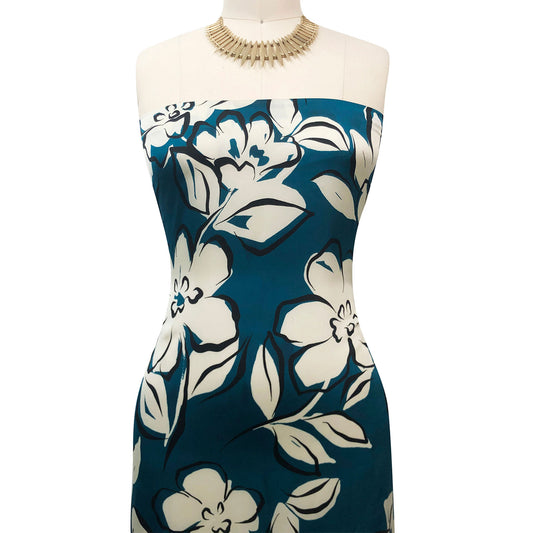 P-3391-456-TEAL-CREAM - PRINTED STRETCH SATIN 100% POLY