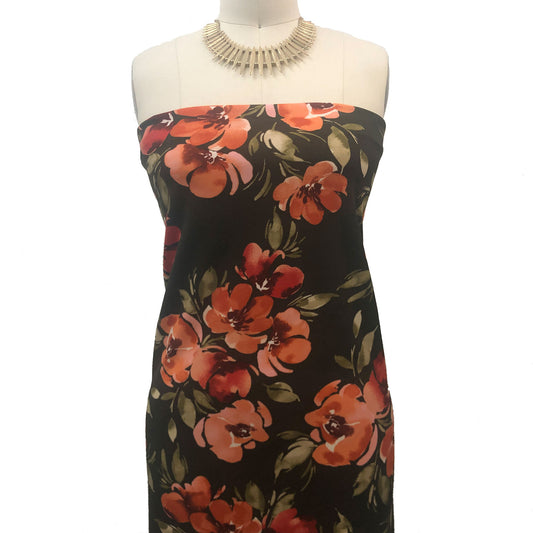 P-3438-702-OLIVE-BURNT-ORANGE - PRINTED SCUBA CREPE 97% POLY 3% SPANDEX