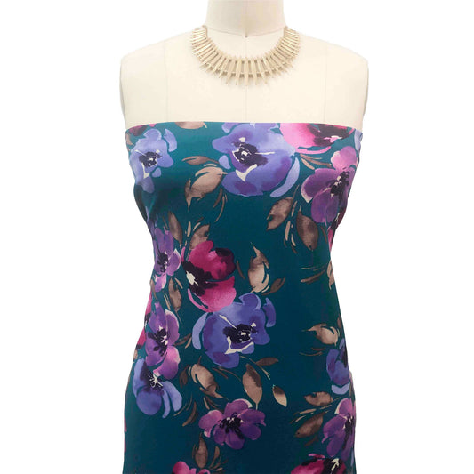 P-3438-702-TEAL-PURPLE-ORCHID - PRINTED SCUBA CREPE 97% POLY 3% SPANDEX