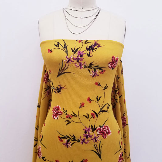 P-421-586-MUSTARD-CRIMSON - PRINTED CREPE CHIFFON 97% POLY 3% SPANDEX