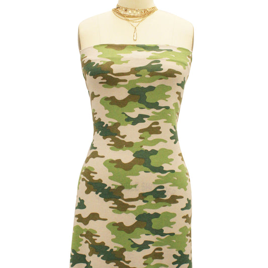 P-431-506-TAN-OLIVE - PRINTED FRENCH TERRY 63%POLY 33%RAYON 4% SPANDEX
