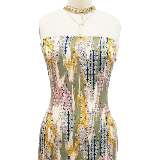 P-477-688-SAGE-GOLD-DENIM - PRINTED LINEN LOOK 100% POLYESTER