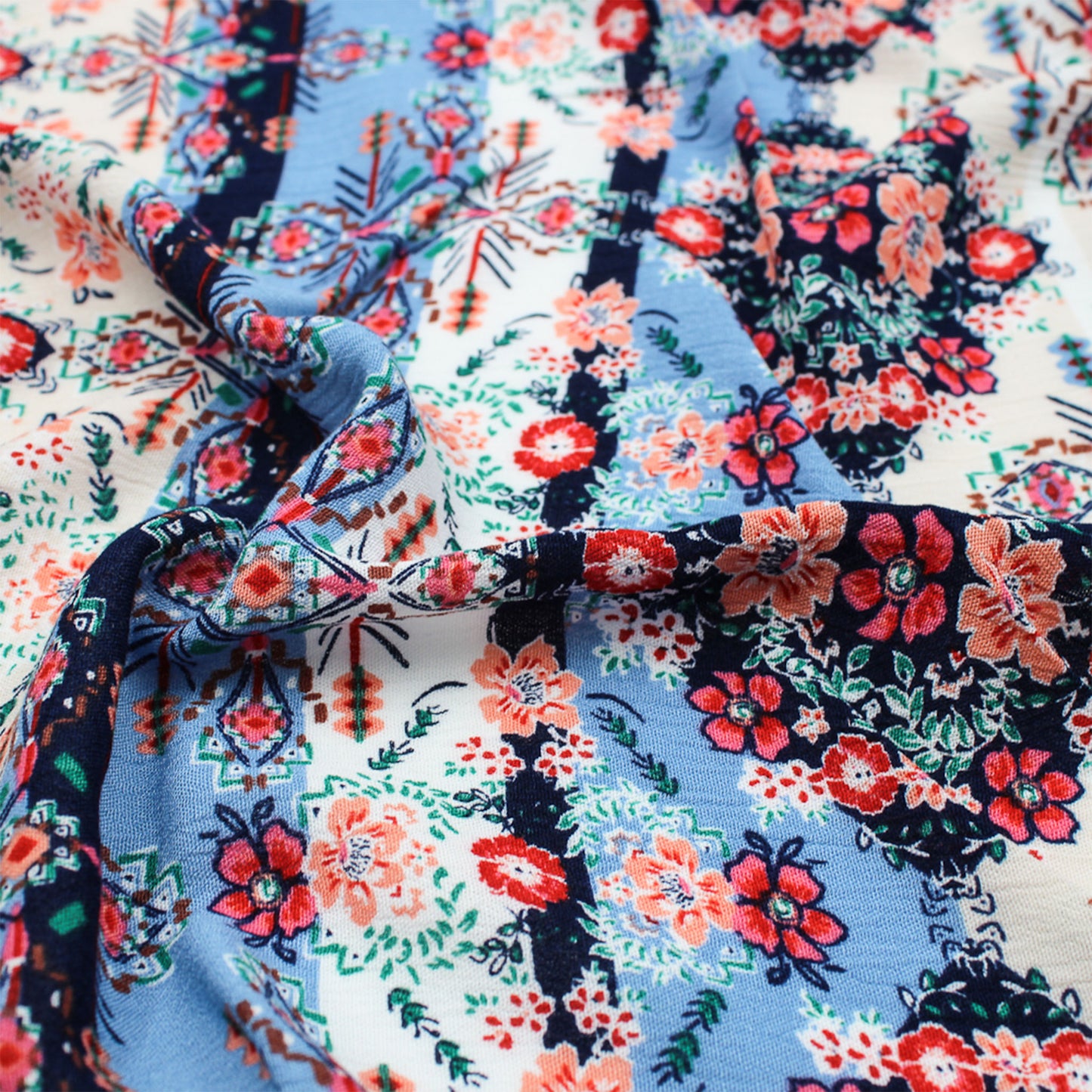 P-528-636-DK-NAVY-PEACH PRINTED CREPON 100% RAYON CREPON