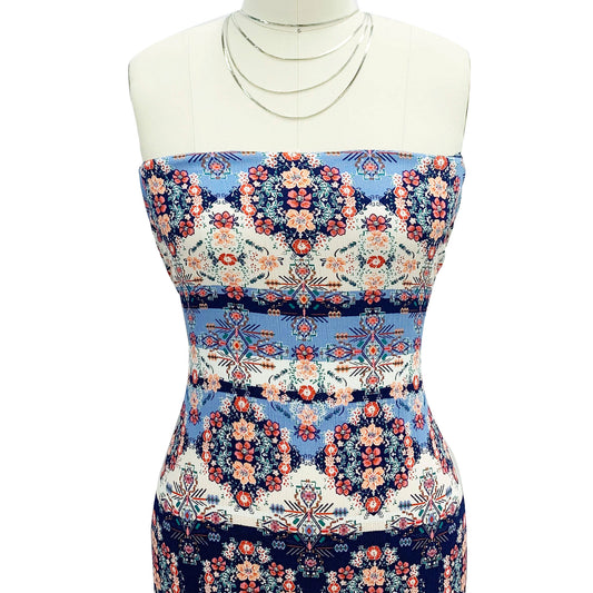 P-528-636-DK-NAVY-PEACH PRINTED CREPON 100% RAYON CREPON