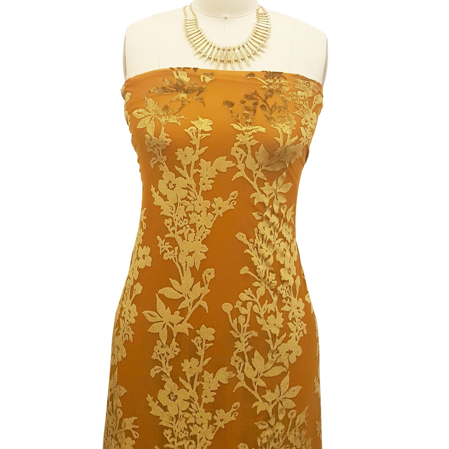 P-593-VELVET-MUSTARD - PRINTED BURNT-OUT VELVET 68% POLY 24% NYLON 8% SPANDEX