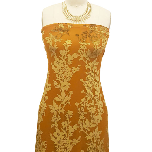 P-593-VELVET-MUSTARD - PRINTED BURNT-OUT VELVET 68% POLY 24% NYLON 8% SPANDEX