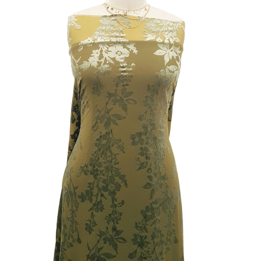 P-593-VELVET-OLIVE - PRINTED BURNT-OUT VELVET 68% POLY 24% NYLON 8% SPANDEX