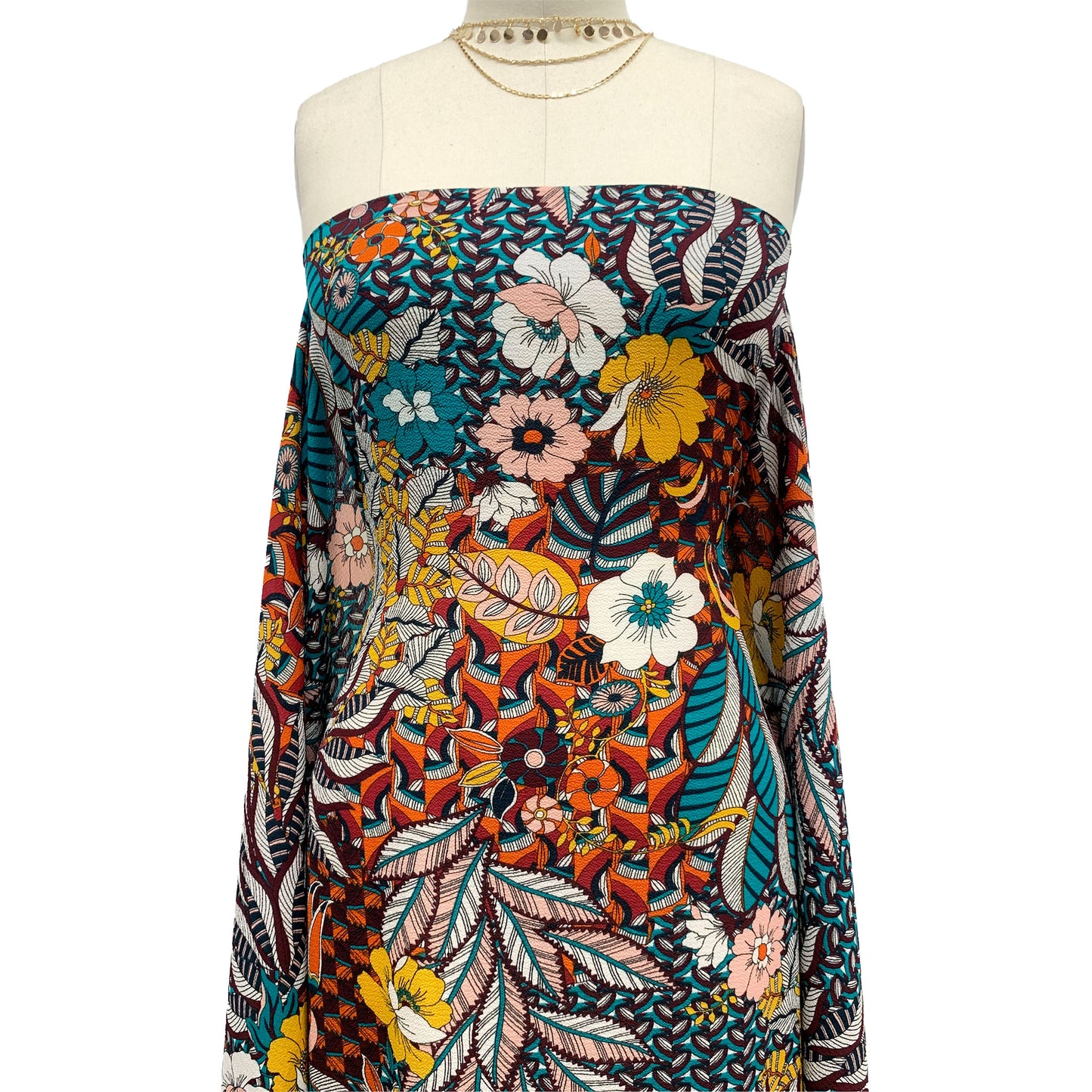 P-596-586-TURQUOISE-GOLDEN-MUSTARD - PRINTED CREPE CHIFFON 97% POLY 3% SPANDEX