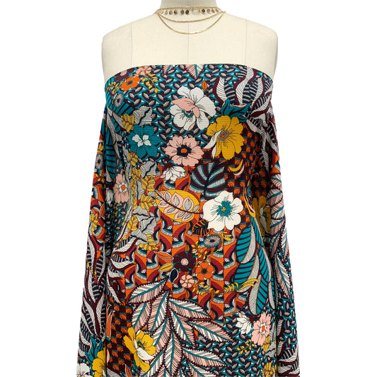 P-596-586-TURQUOISE-GOLDEN-MUSTARD - PRINTED CREPE CHIFFON 97% POLY 3% SPANDEX