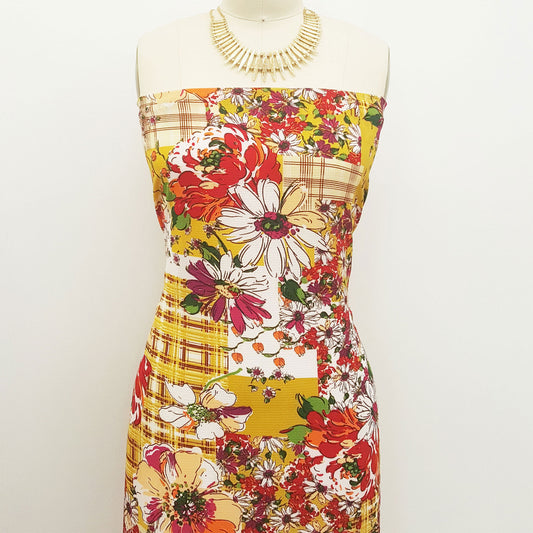 P-597-586-GOLDEN-MUSTARD-PEACH - PRINTED CREPE CHIFFON 97% POLY 3% SPANDEX