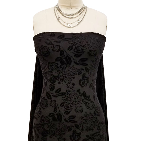 P-613-VELVET-BLACK - PRINTED BURNT-OUT VELVET 68% POLY 24% NYLN 8% SPANDEX