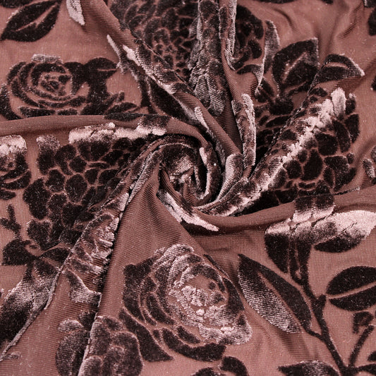 P-613-VELVET-BROWN - PRINTED BURNT-OUT VELVET 68% POLY 24% NYLN 8% SPANDEX
