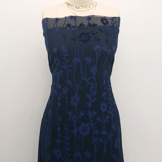 P-614-VELVET-NAVY - PRINTED BURNT-OUT VELVET 68% POLY 24% NYLN 8% SPANDEX